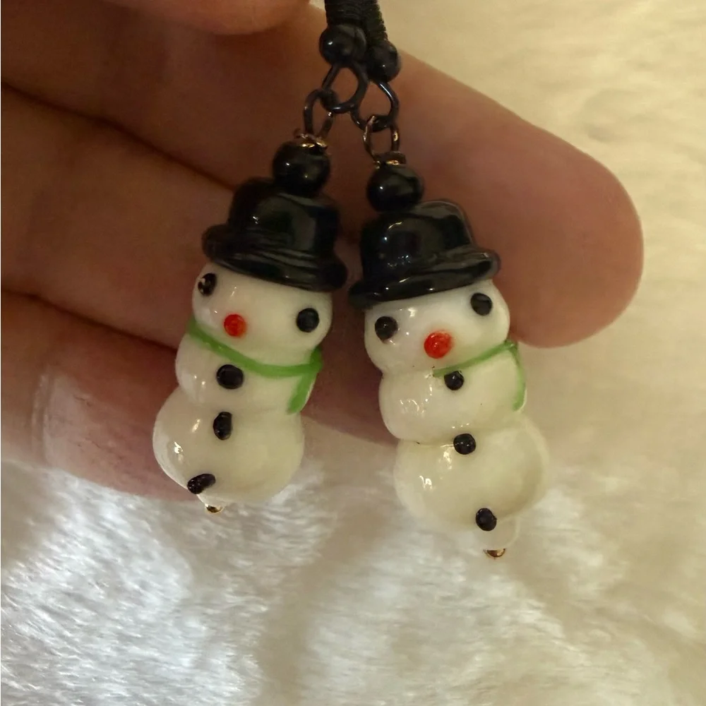 Snowman Earrings with Black Hat and Green Scarf Glass Lampwork Bead Nickel Free